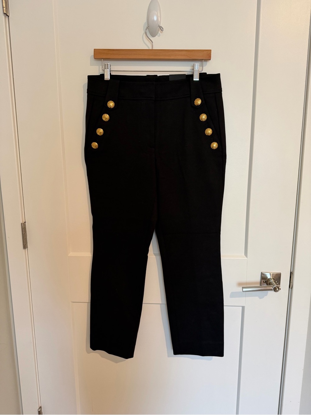 WHBM Jolie Straight Luxe Stretch Black Trousers with Gold Buttons size 10 - NWT